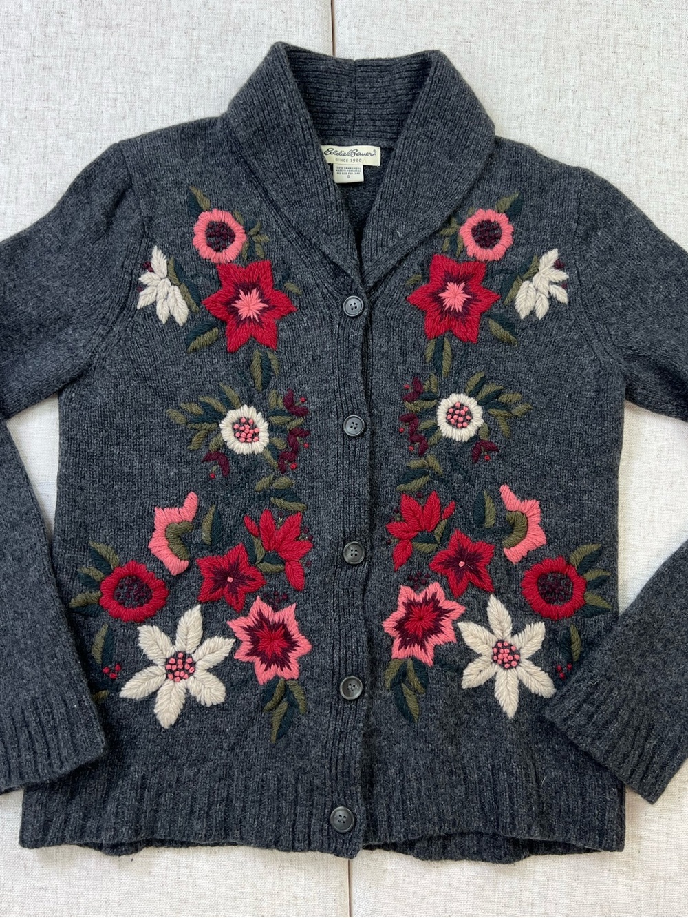 Vintage 90s Eddie Bauer Lambswool Floral Embroidered Shawl Collar Cardigan S